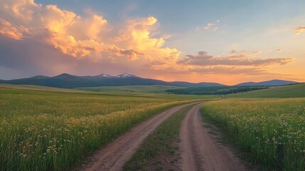 Fototapeta premium A dirt road winds through a field of wildflowers with a mountain range in the background and a beautiful sunset.