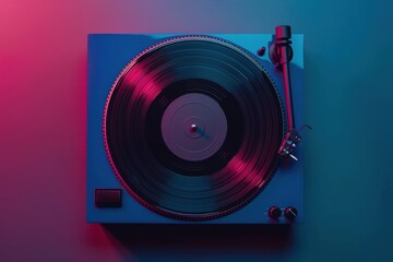 Turntable with spinning vinyl record under vibrant lighting
