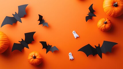 Halloween themed flat lay with paper bats and small ghost pumpkins