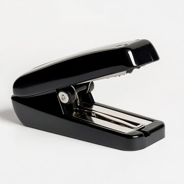 Black stapler angled top view with open jaws ready to staple