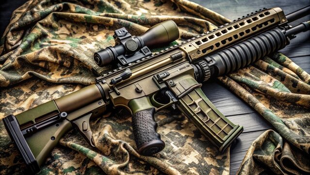 Military Assault Rifle on Display with Modern Camouflage Pattern and Tactical Accessories Featured