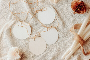 Four empty mockup circle tag for brand or gift with Christmas decoration