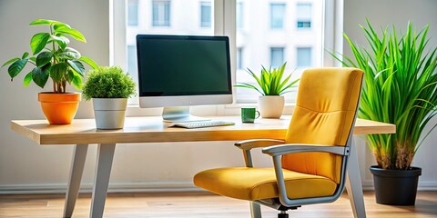 Fototapeta premium Minimalist Desk Icon with Computer, Chair, and Plant in a Modern Flat Design for Digital Use