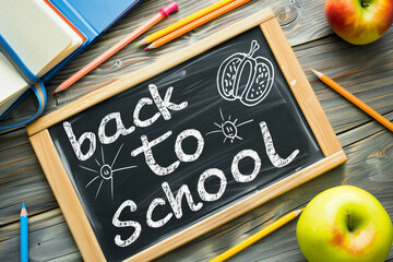Chalkboard with the words "Back to School" written on it. There are also pencils and apples on the table