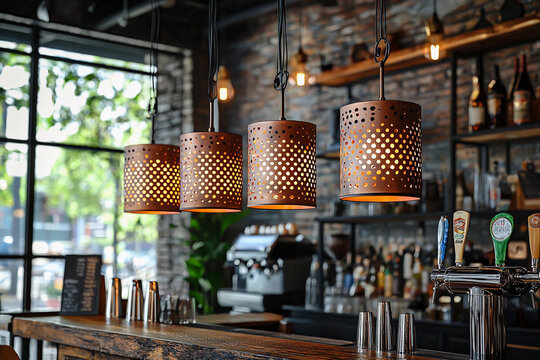 Charming bar interior with decorative pendant lights in a café