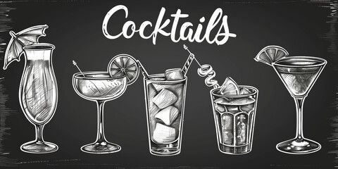 Black and white drawing of five different cocktails