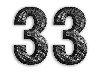 33, number shape with charcoal motif design.