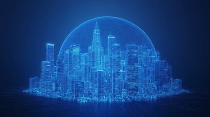 A futuristic cityscape with a glowing blue dome, representing digital transformation and innovation.