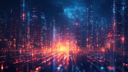 Fototapeta premium A futuristic cityscape with glowing lights and lines, creating a vibrant and dynamic digital landscape.