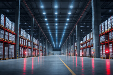 Spacious industrial warehouse with organized shelving and LED lighting