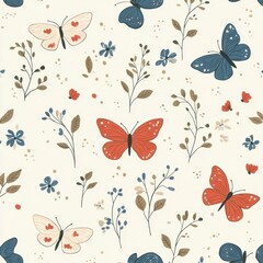 Floral Butterfly Pattern with Red, Blue, and Beige