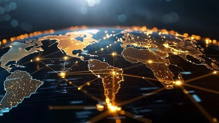 Golden network connects cities on a digital earth, showing global tech and finance. Lines and dots form a data web, hinting at business innovation - Powered by Adobe