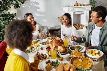 A group of friends enjoys a festive Thanksgiving dinner filled with laughter and delicious food.