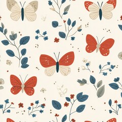 Floral Butterfly Pattern with Red, Blue, and Beige