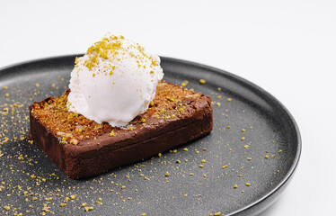 Gourmet chocolate brownie with vanilla ice cream