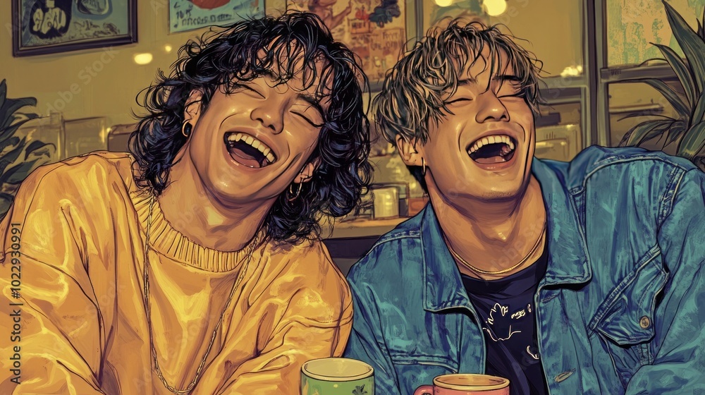 Sticker Two young men laughing joyfully while sitting together with colorful mugs in a cozy setting.