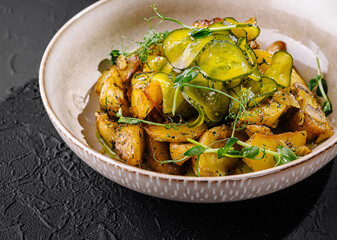 Gourmet roasted vegetable dish on dark background