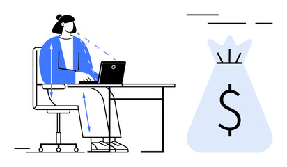 Person working on laptop at desk, large money bag with dollar sign in background. Ideal for business, finance, online work, productivity, wealth creation. Minimalist, modern, clean