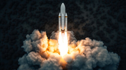 A rocket launching amidst a forested area, emitting bright flames and smoke, captured from a top-down aerial perspective.