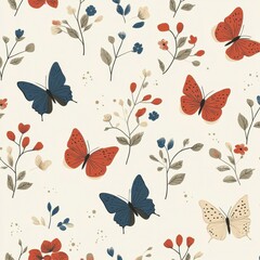 Floral Butterfly Pattern with Red, Blue, and Beige