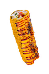 Hot sushi roll being dipped in spicy mayo sauce and soy sauce