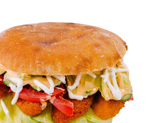 Delicious crispy chicken burger lying on white background