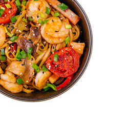 Delicious udon noodles with shrimps and vegetables in bowl