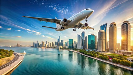 Modern airplane soaring through a clear blue sky showcasing aviation and travel innovation in Qatar