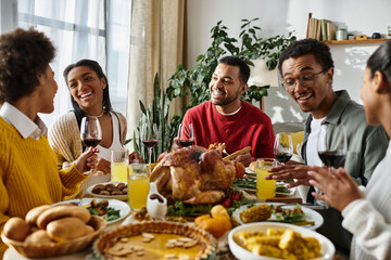 A group of friends enjoy a warm Thanksgiving gathering filled with laughter, food, and friendship.