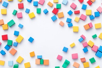 Brightly colored toy building blocks scattered across a white background