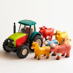 Brightly colored toy tractor and farm animals on a white background