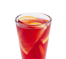 Irish coffee cocktail with orange slices on white background