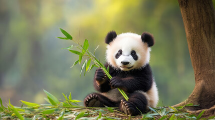 Obraz premium baby panda sitting under tree, holding bamboo stick, exudes playful and curious demeanor. This adorable creature enjoys its natural habitat surrounded by lush greenery