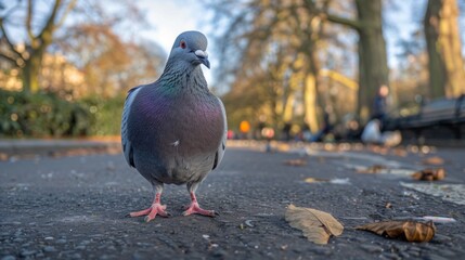 Obraz premium A pigeon is standing on a sidewalk in front of a bench