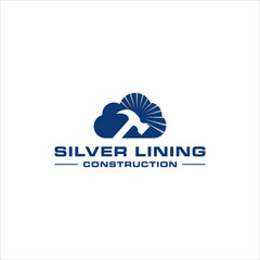 Fototapeta premium silver lining logo, cloud and sun ray vector, home roof repair with hammer vector template