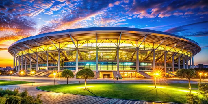 Modern architectural design of a large stadium with vibrant lighting and expansive seating areas