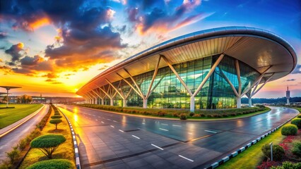 Obraz premium Modern architecture of Bangalore Airport showcasing terminal buildings and runway under clear skies
