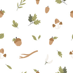 Playful Autumn Cartoon Seamless Pattern with Mushrooms, Acorns, Twigs and Leaves