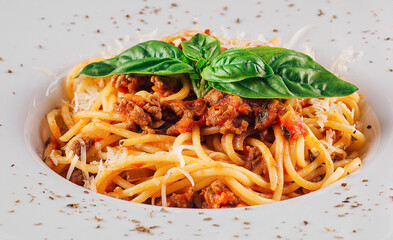 Delicious spaghetti bolognese with basil and parmesan cheese on white plate