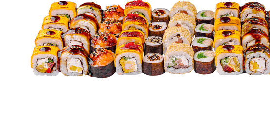 Delicious assortment of colorful maki, uramaki and nigiri sushi is presented on a clean white background