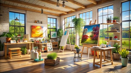 Fototapeta premium Modern Art Studio Interior with Creative Workspace, Easels, Paints, and Artistic Supplies for Inspiration