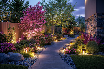 Obraz premium Elegant garden path illuminated by soft lights at twilight