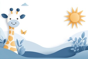 Obraz premium A cheerful giraffe smiles in a playful landscape featuring soft hills, sunny skies, and colorful butterflies, perfect for children's designs.