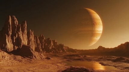 A large planet hangs over a barren desert landscape.