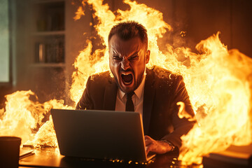 businessman in suit screaming angry at his laptop, fire all around, burning in hell, flames, photorealistic