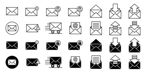 Mail and e-mail envelope icon set concepts thin line style, envelope, post, letter, notification, message text - editable stroke. Flat design icon set for web, website, mobile app. Vector illustration
