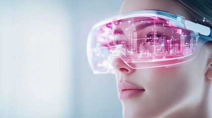 A close-up of a woman wearing futuristic smart glasses, showcasing an advanced augmented reality display for technology enthusiasts.