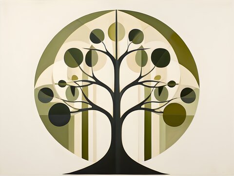 recommend clip art: abstract geometric tree with a circular canopy and a rectangular trunk, arranged in a clean, balanced design with a limited color palette of olive green, deep brown, and ivory