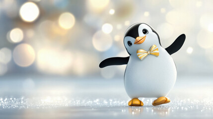 Obraz premium Dancing penguin wearing bow tie, joyfully posing against blurred background. This charming character brings playful and cheerful vibe to any setting