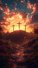 Obraz premium Path through a field of flowers leads to three crosses silhouetted against a vibrant sunset, symbolizing hope, faith, and the promise of eternal life